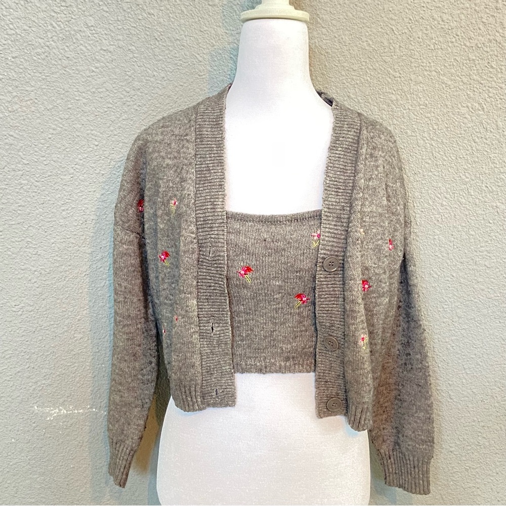 Gray Knit Cardigan with Floral Accents